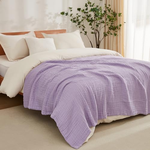 EMME Cotton Blanket Queen Size for Bed Soft Large Muslin Bed Blankets 90"x90" Lightweight Breathable All Season Gauze, Lavender - Image 2
