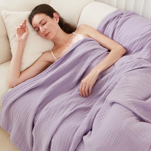 EMME Cotton Blanket Queen Size for Bed Soft Large Muslin Bed Blankets 90"x90" Lightweight Breathable All Season Gauze, Lavender - Image 5