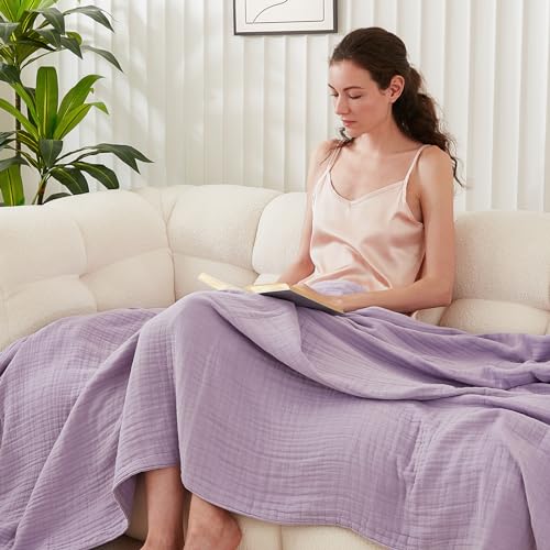 EMME Cotton Blanket Queen Size for Bed Soft Large Muslin Bed Blankets 90"x90" Lightweight Breathable All Season Gauze, Lavender - Image 4