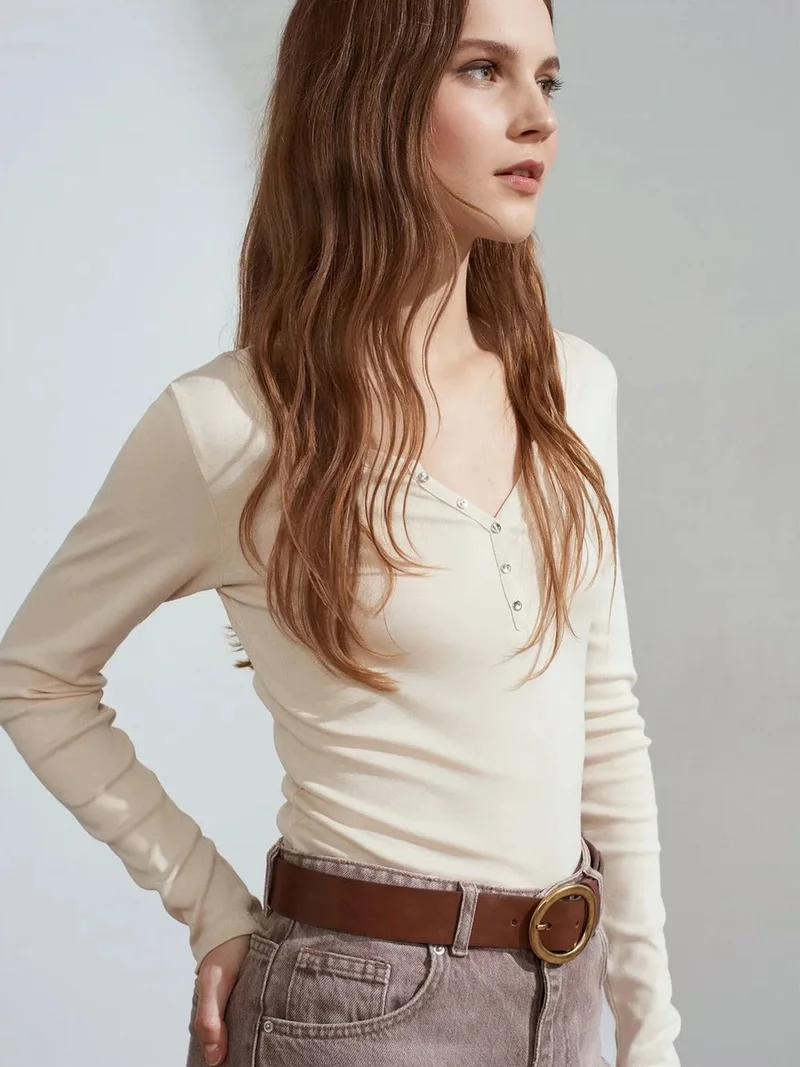 ديلفين Dilvin Slim Fit Cotton Long Sleeve Button Blouse