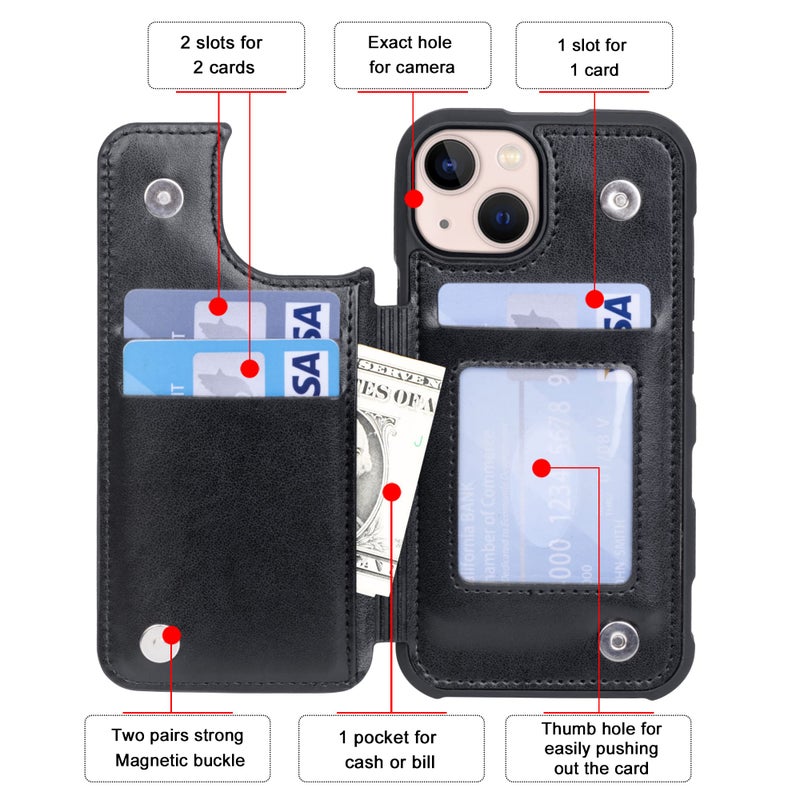 Arae for iPhone 13 Case with Card Holder - Wallet Case with PU Leather Card Pockets Back Flip Cover for iPhone 13 6.1 inch, Black - Image 3