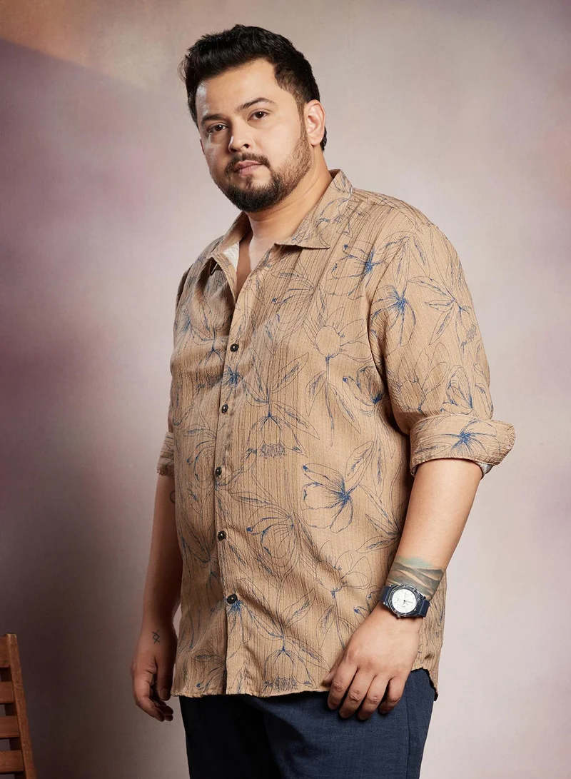Instafab Plus  Instafab Plus Men's Ash Brown Bloomline-Tactile Shirt For Casual Wear | Spread Collar | Long Cuffed Sleeves | Button Closure | Plus Size Shirt Crafted With Comfort Fit For Everyday Wear for Men | Best Price UAE