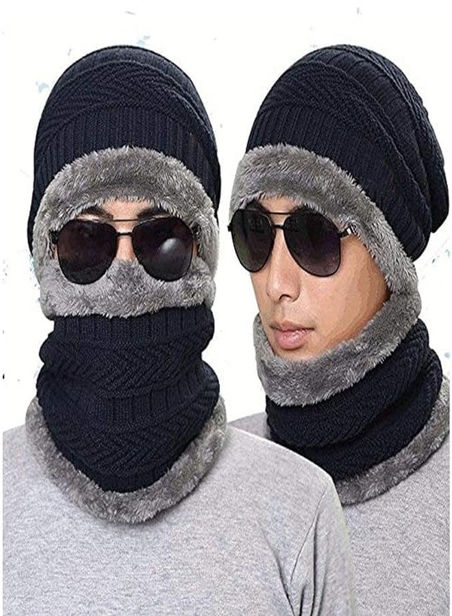 Missby Winter Beanie Men Women Hat Scarf Set Warm Knit Hat Thick Fleece Lined Winter Cap Neck Warmer (Navy Blue) - Image 2