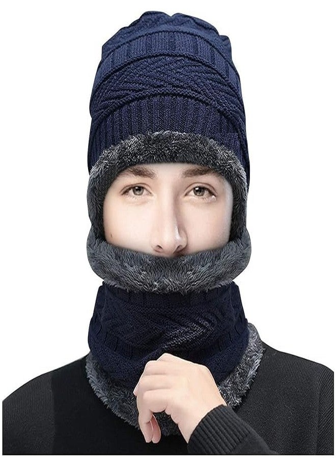 Missby Winter Beanie Men Women Hat Scarf Set Warm Knit Hat Thick Fleece Lined Winter Cap Neck Warmer (Navy Blue) - Image 1