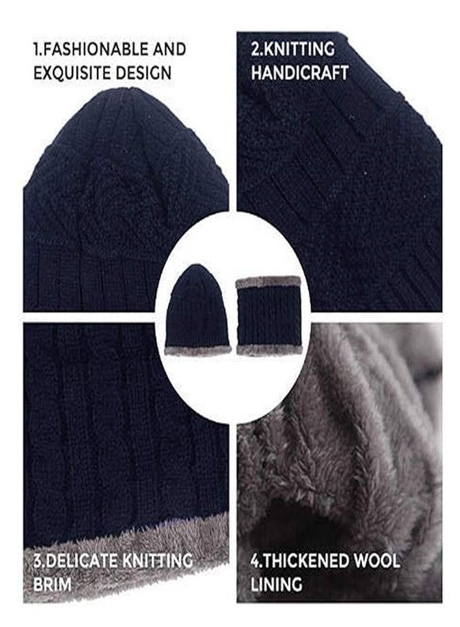 Missby Winter Beanie Men Women Hat Scarf Set Warm Knit Hat Thick Fleece Lined Winter Cap Neck Warmer (Navy Blue) - Image 5