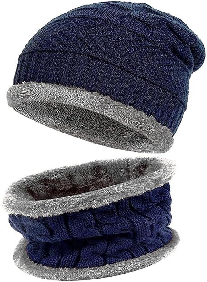 Missby Winter Beanie Men Women Hat Scarf Set Warm Knit Hat Thick Fleece Lined Winter Cap Neck Warmer (Navy Blue) - Image 4