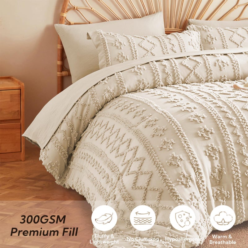 MR&HM Beige Comforter Set Queen, Tufted Boho Bedding Set, Farmhouse Bed in a Bag Set 7 Pieces with 1 Comforter, 2 Pillow Shams, 2 Pillowcases, 1 Flat Sheet, 1 Fitted Sheet for All Seasons - Image 3