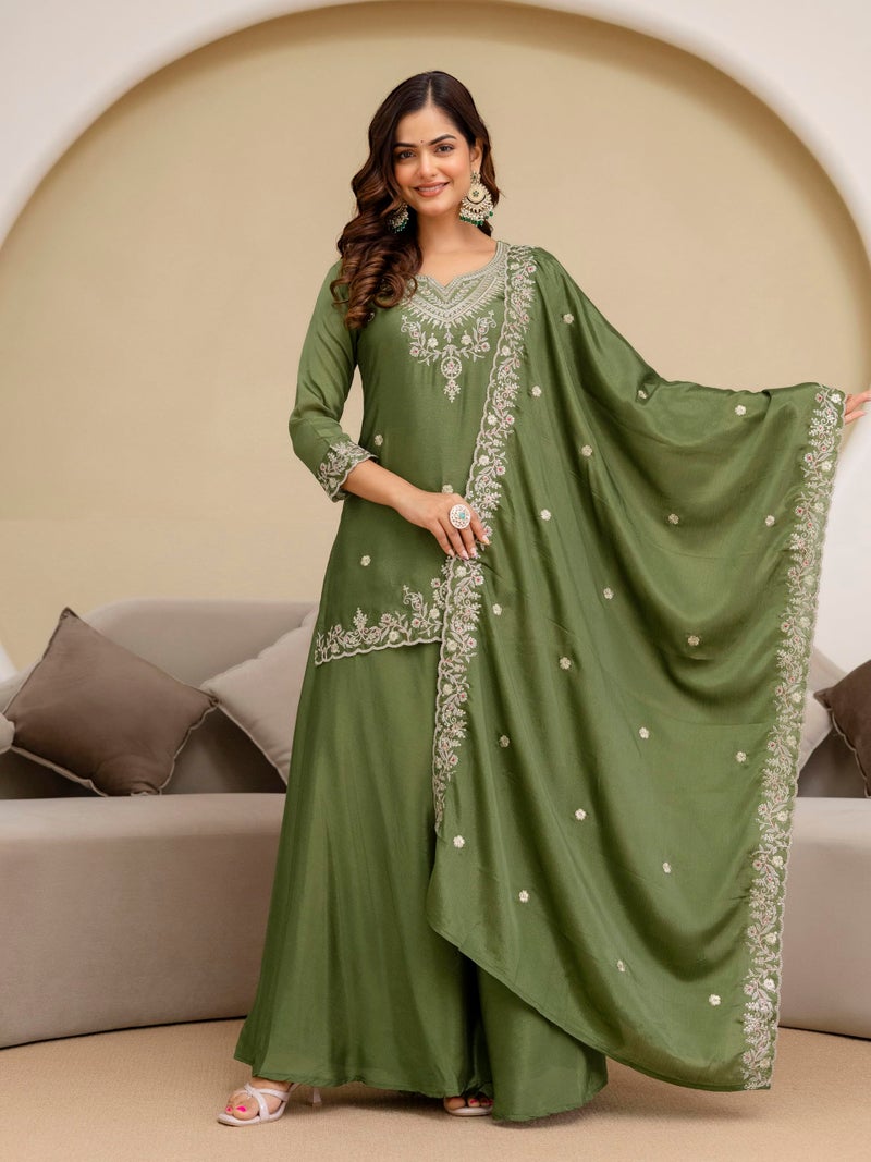 TRENDMALLS Women's Art Silk Embroidery Sequence Work Kurta Palazzo Set with Dupatta (G400-Mehndi-3XL) - Image 3