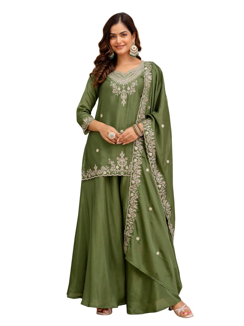 TRENDMALLS Women's Art Silk Embroidery Sequence Work Kurta Palazzo Set with Dupatta (G400-Mehndi-3XL) - Image 1