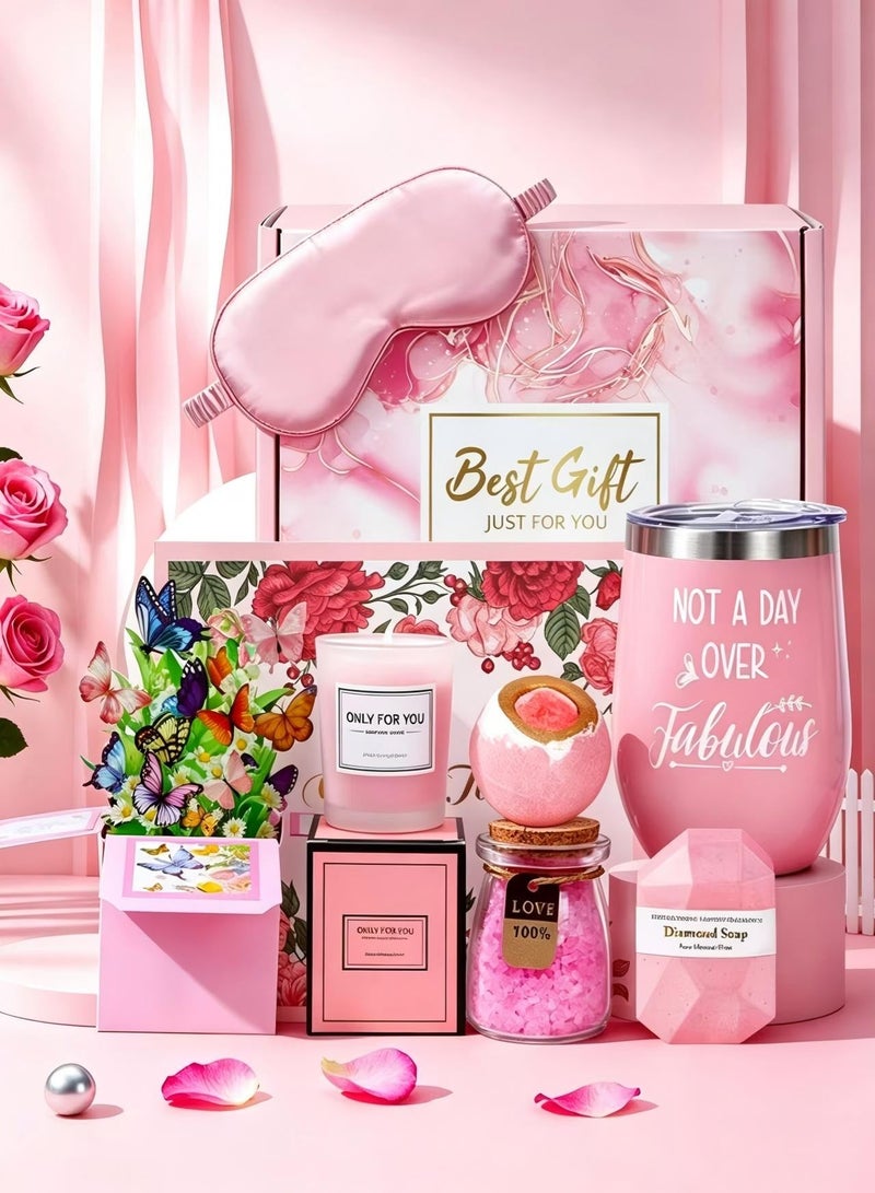 Nestvel Pink Spa Gift Set，Relaxing Self Care Gift Box with Eye Mask，Candle，Bath Bomb，Wine Tumbler，The Best Present Choice for a Lady's Birthday Gift, Valentine's Day Gift, Ramadan Gift, and Wedding Anniversary. - Image 1