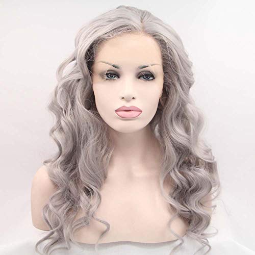 Melody Wig Melody Long Wavy Wigs - Silver Grey Synthetic Lace Front Wigs, Heat Resistant, Ash Platinum, Middle Parting - Image 1