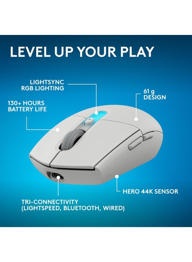 لوجيتيك ماوس الألعاب اللاسلكي Logitech G G305 X SUPERLIGHT، ماوس ألعاب للكمبيوتر خفيف الوزن (61 جم) وقابل لإعادة الشحن، مستشعر HERO 44K، إضاءة LIGHTSYNC RGB، 6 أزرار قابلة للبرمجة، تقنية LIGHTSPEED، بلوتوث، متوافق مع Mac/PC - لون أبيض - Image 2