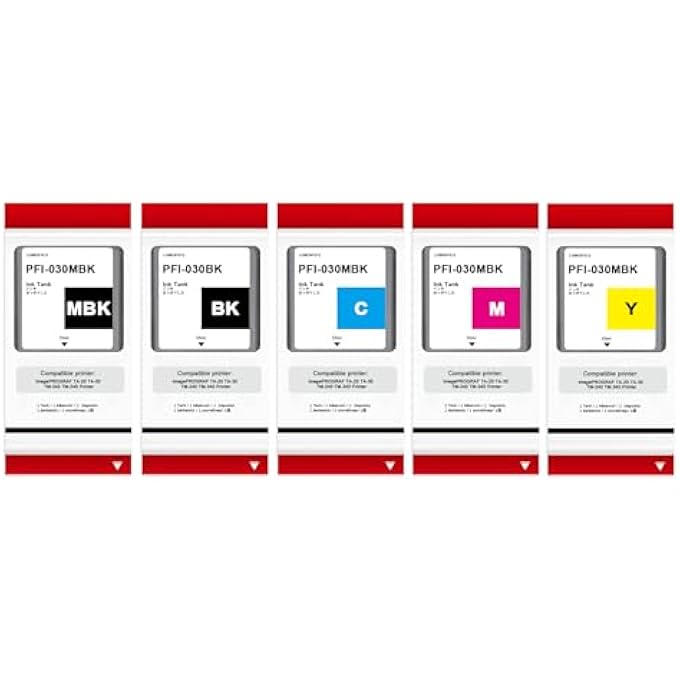 HIGH YIELD PFI-030 PFI030 INK CARTRIDGE 55-ML SET COMPATIBLE PFI-030MBK PFI-030BK PFI-030C PFI-030M PFI-030Y REPLACEMENT FOR IMAGEPROGRAF TA-20 TA-30 PRINTER (5PACK) - Image 2