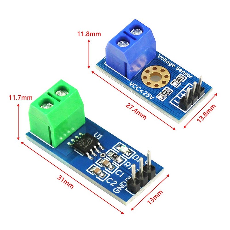 WayinTop 2pcs ACS712 Hall Effect Current Sensor Module 30A Range ACS712 Module + 2pcs Voltage Sensor Module DC0-25V Voltage Tester Terminal Sensor for Arduino - Image 3