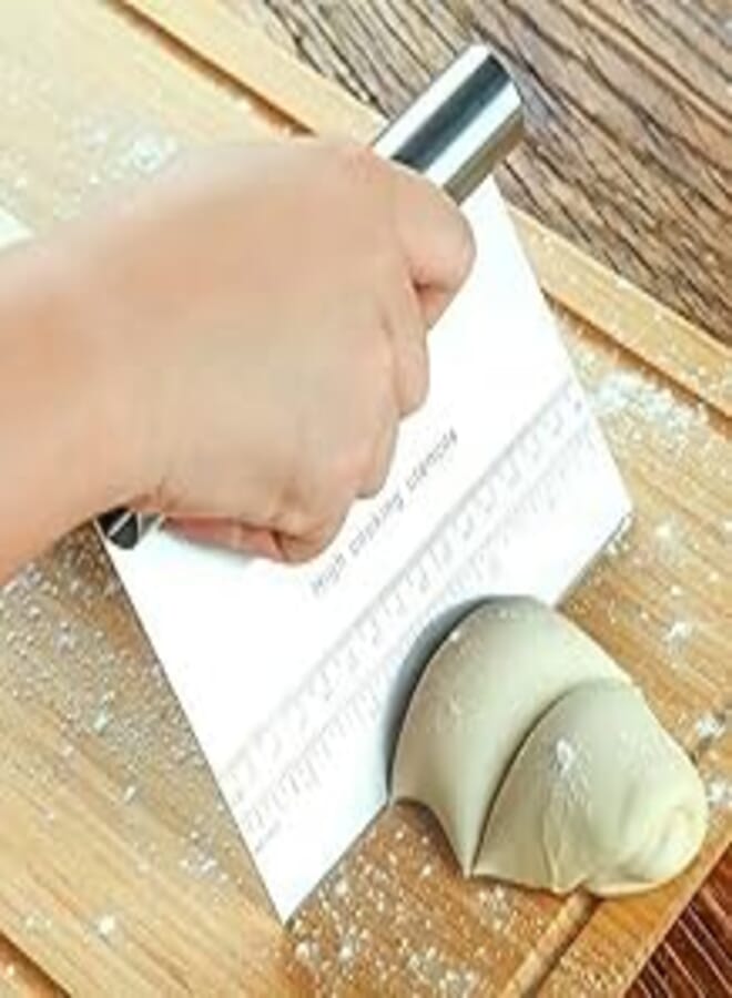 Upgrade your baking essentials with the stainless steel seat scraper and convenient dough measuring scale 