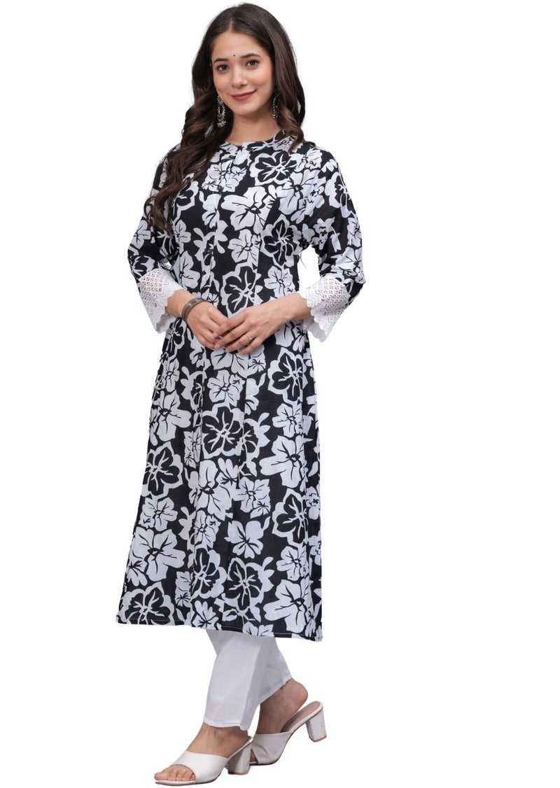 rytras Women's Pure Cotton Printed A-Line Kurta Set with Palazzo Pants - Ethnic Wear, Black(RYT619-New,S) - Image 3