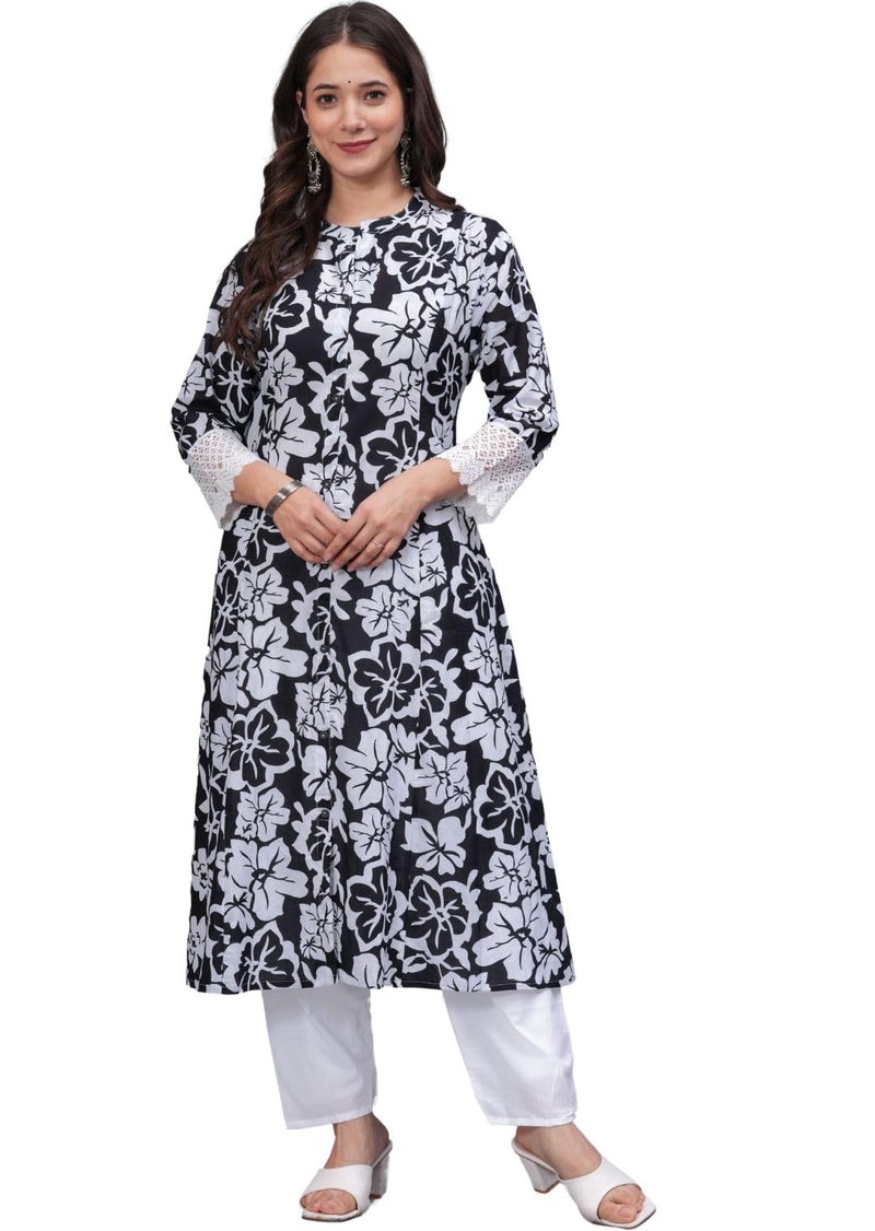 rytras Women's Pure Cotton Printed A-Line Kurta Set with Palazzo Pants - Ethnic Wear, Black(RYT619-New,S) - Image 1