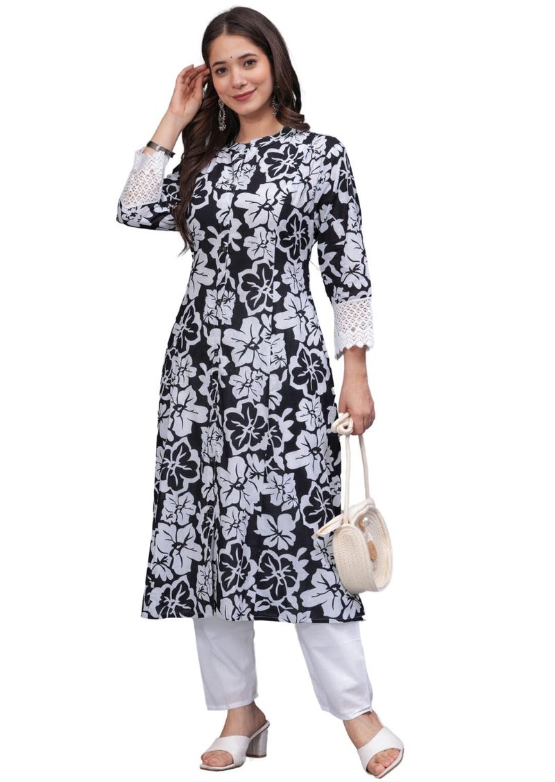 rytras Women's Pure Cotton Printed A-Line Kurta Set with Palazzo Pants - Ethnic Wear, Black(RYT619-New,S) - Image 5