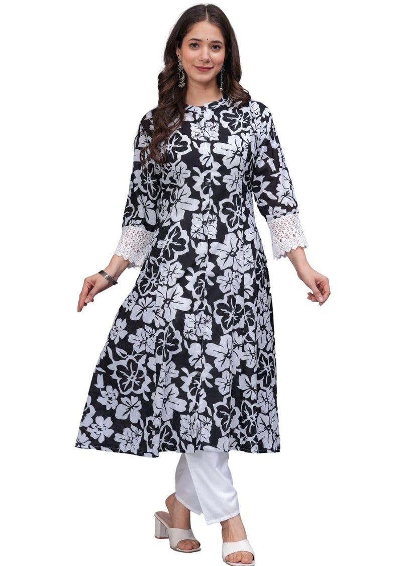 rytras Women's Pure Cotton Printed A-Line Kurta Set with Palazzo Pants - Ethnic Wear, Black(RYT619-New,S) - Image 4