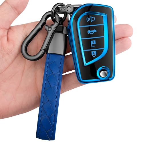 Sindeda for Toyota Key Fob Cover with Keychain Soft Full Protection Case Compatible with 20192025 RAV4 LE 20182024 Camry LESE 20172025 Corolla LESE 20182022 CHR LE 4 Buttons Blue