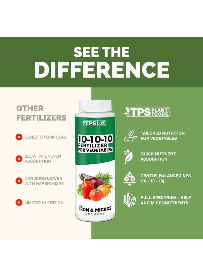 TPS NUTRIENTS سماد سائل 10-10-10 للخضروات، ثلاثي العشرة NPK مع الحديد والميكرو، غذاء نباتي سائل 8 أونصات (250 مل) - Image 4