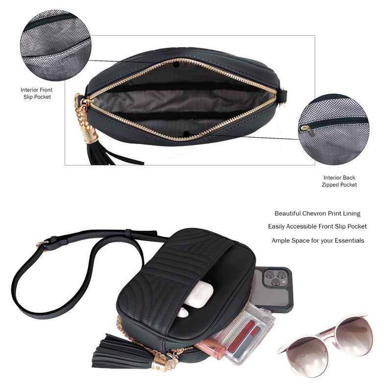 EVVE Quilted Crossbody Bags for Women - Stylish Camera Bag with Tassel - Lightweight Medium Size Shoulder Purse | Black - Image 4