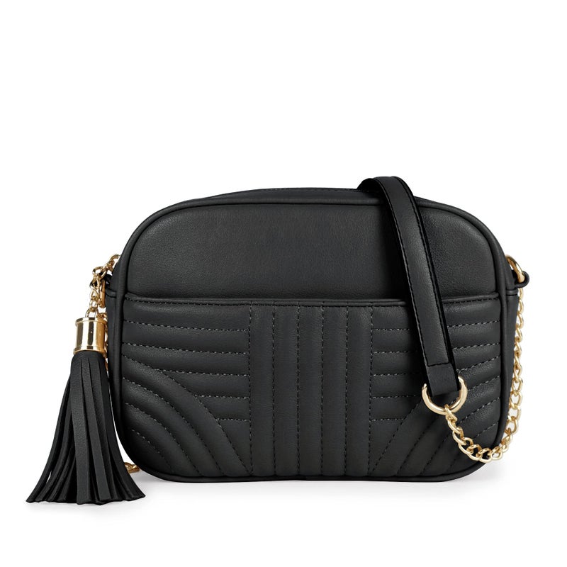 EVVE Quilted Crossbody Bags for Women - Stylish Camera Bag with Tassel - Lightweight Medium Size Shoulder Purse | Black - Image 1
