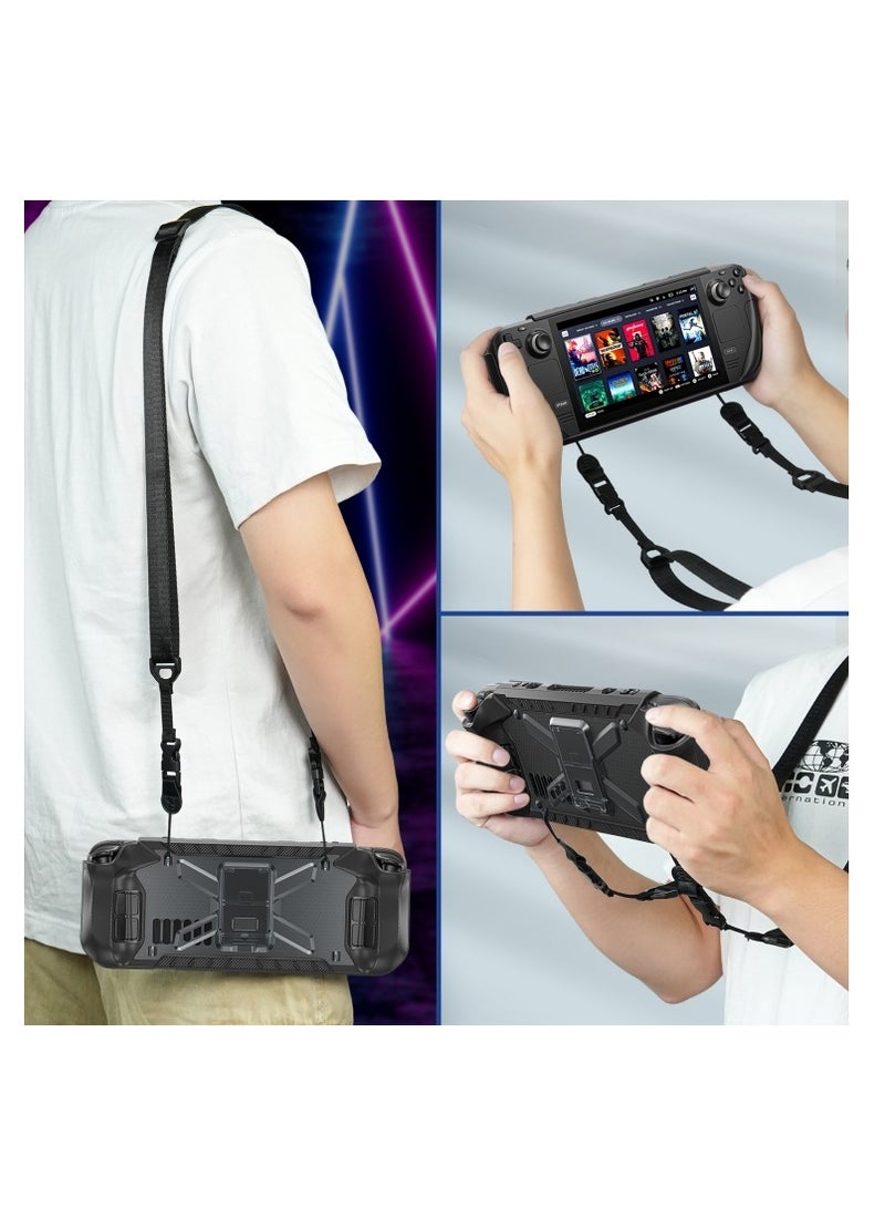 For Steam Deck Shockproof Game Console Case with Holder & Shoulder Strap(Black)