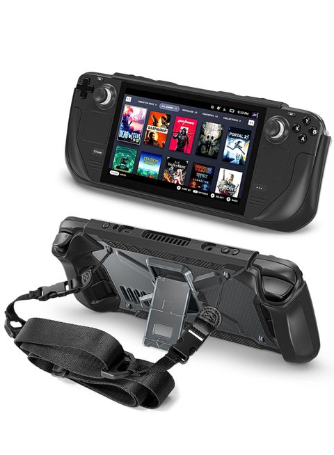 For Steam Deck Shockproof Game Console Case with Holder & Shoulder Strap(Black)