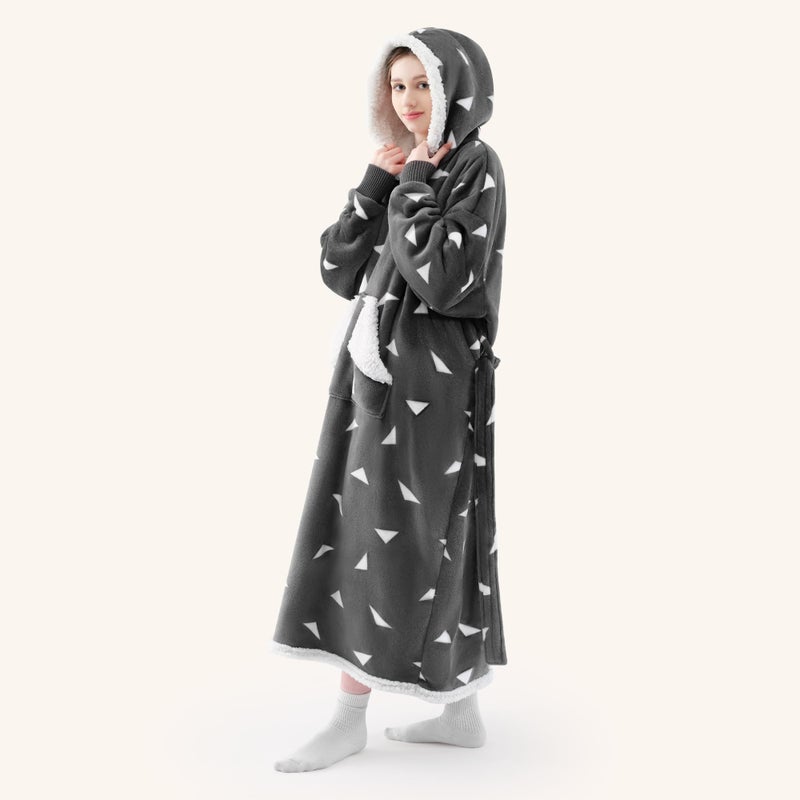 Touchat Touchat Wearable Blanket Hoodie as Gifts for Women and Men Warm and Cozy Large Blanket Sweatshirt Thick&Long Sherpa Fleece Hooded Blanket with Oversize Pocket and Belt  Winter Gifts Print Grey  - Image 2