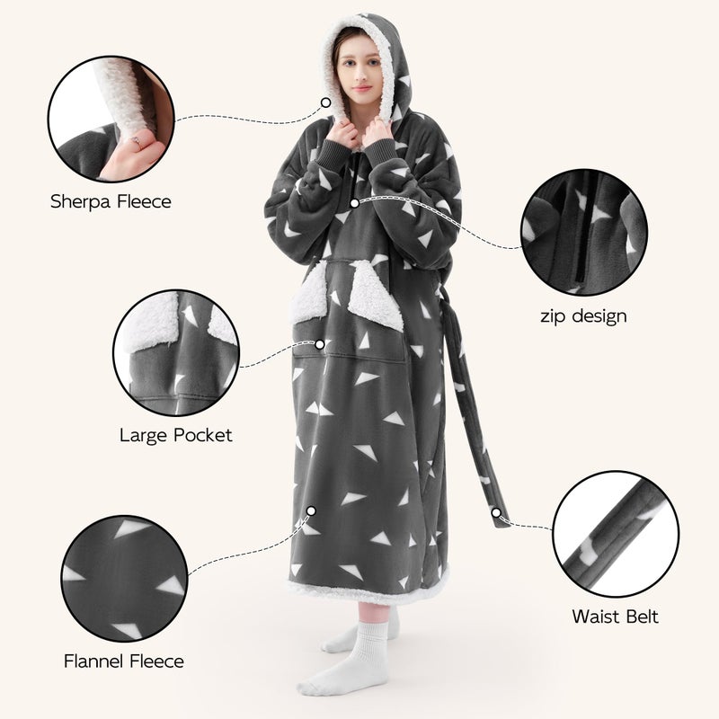 Touchat Touchat Wearable Blanket Hoodie as Gifts for Women and Men Warm and Cozy Large Blanket Sweatshirt Thick&Long Sherpa Fleece Hooded Blanket with Oversize Pocket and Belt  Winter Gifts Print Grey  - Image 3