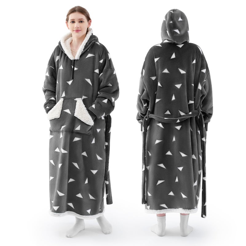 Touchat Touchat Wearable Blanket Hoodie as Gifts for Women and Men Warm and Cozy Large Blanket Sweatshirt Thick&Long Sherpa Fleece Hooded Blanket with Oversize Pocket and Belt  Winter Gifts Print Grey  - Image 1