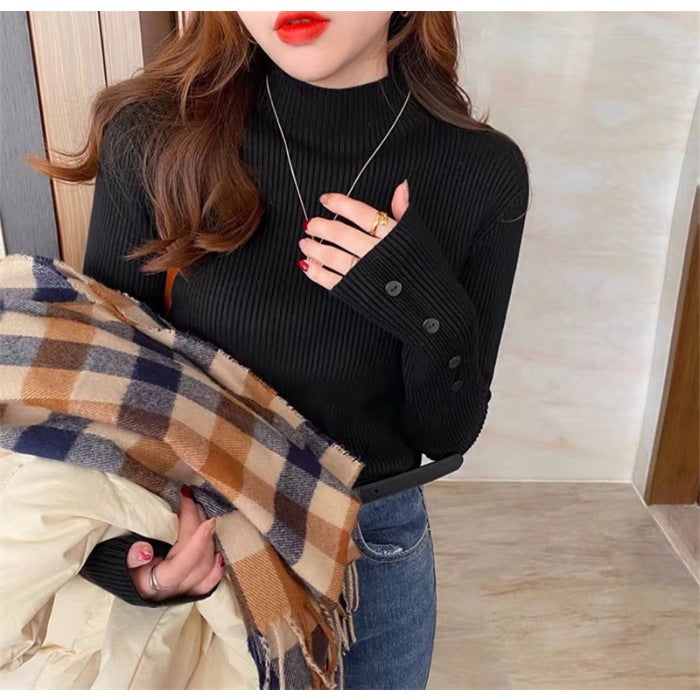 Half turtleneck sweater bottoming shirt womens autumn and winter 2025 new inside explosion foreign style solid color all-match knitted top Black