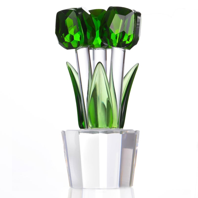 Qianwei Crystal Tulips Flowers Figurine Green with Vase Glass Flower Bouquet Collectible Figurines Crystal Office Home Decor Paperweight Tulip Gifts for Women Mom Bestfriend Wedding Anniversary