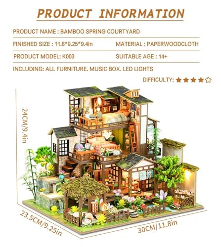 Spilay Miniature Dollhouse Miniature House Kit DIY Kit Mini Modern Villa Model with Music Box Best Christmas Birthday GiftBamboo Spring Courtyard - Image 5