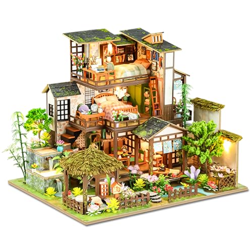 Spilay Miniature Dollhouse Miniature House Kit DIY Kit Mini Modern Villa Model with Music Box Best Christmas Birthday GiftBamboo Spring Courtyard - Image 1