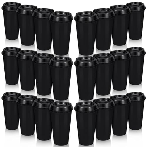 LEIFEOSH 24 Pack Reusable Coffee Cups with Lids 16 oz To Go Travel Cups with Lids Travel Mugs Plastic Tumblers Reusable Coffee Tumblers for Hot and Cold Drinks Black - Image 1