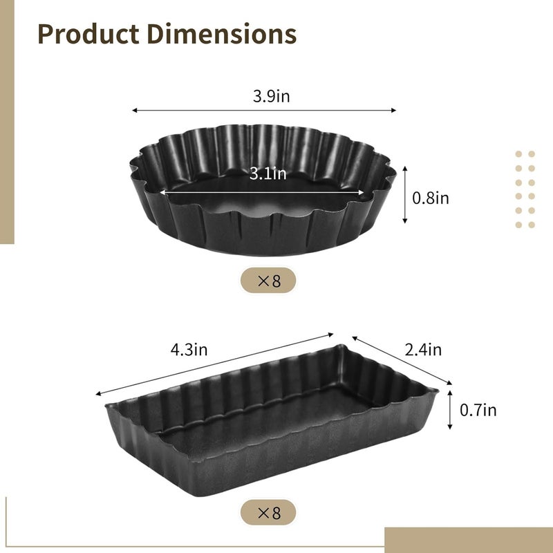 4 In Carbon Steel Tart Mold, Removable Bottom Nonstick Quiche Pan, Dessert Baking Mold Set With Fluted Side, Round And Rectangle Pie Pans, 16 Pcs Mini Tart Pans - Image 2