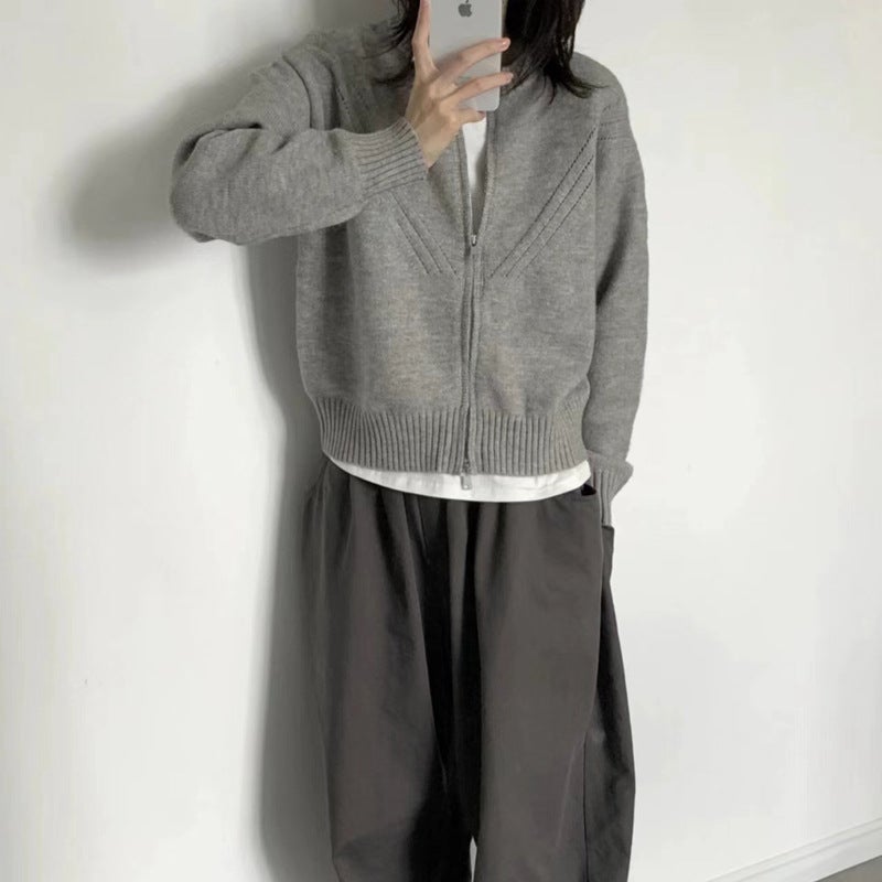 Double Head Zipper Crewneck Sweater Coat Women's Japanese Grey Autumn and Winter New Casual Long Sleeve Knitted Cardigan Women's Top