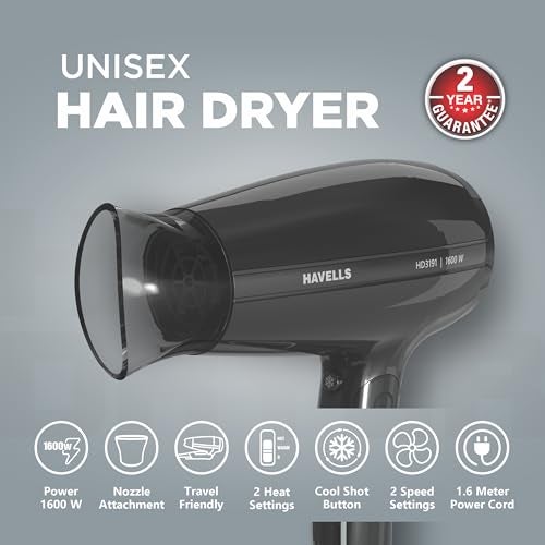 Havells 1600W Unisex Foldable Hair Dryer|2 Heat Settings With Cool Shot (Hot/Warm)|Heat Balance Technology|Midnight Black|Your Perfect Blow Dry Companion For Effortless Hair Styling|Hd3191-1600 Watts - Image 3
