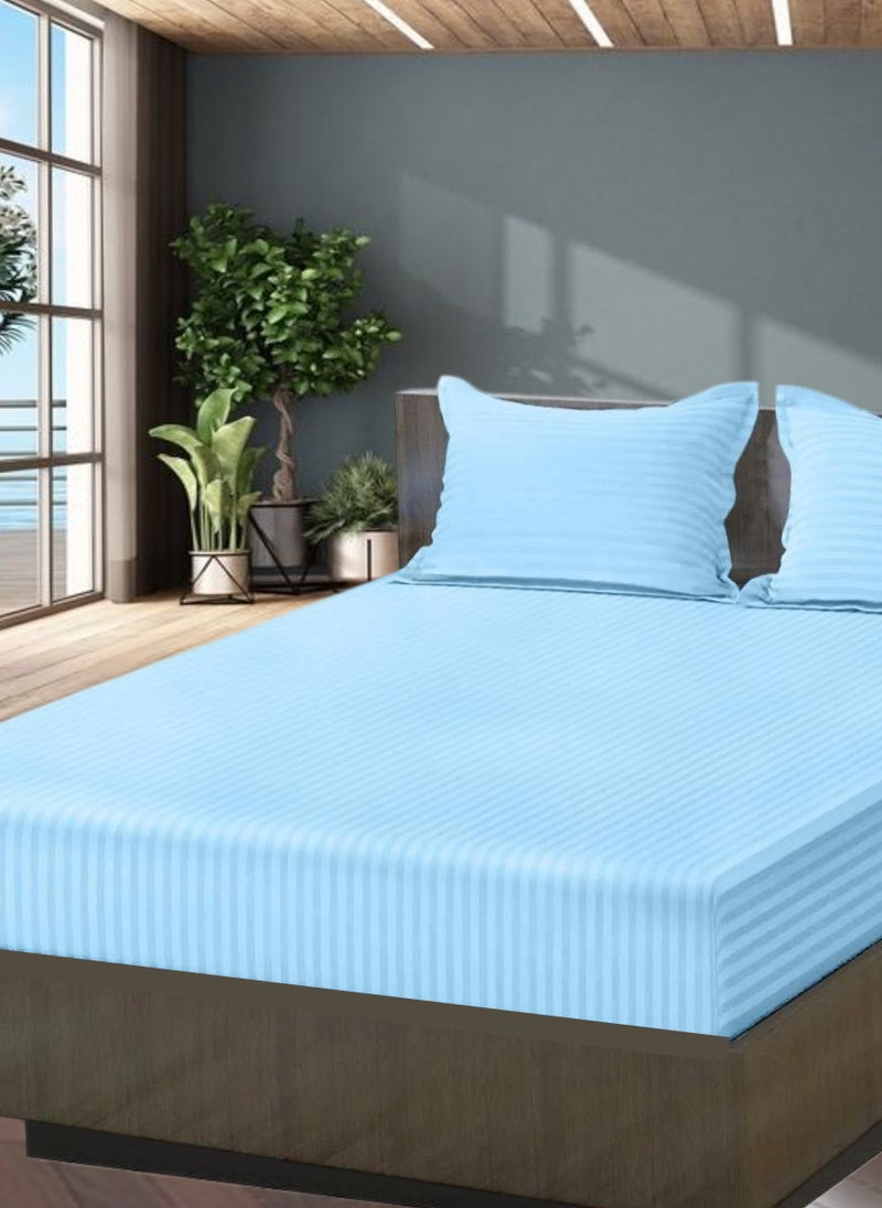 REDTOMMY LIGHT BLUE Striped Bed Sheet Set Deep Pocket 160x200+35cm - Image 1