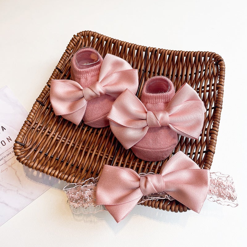 Generic Cute Newborn Socks and Headband Set Cartoon Korean Style Baby Accessories (Pink) ribbon bow 
