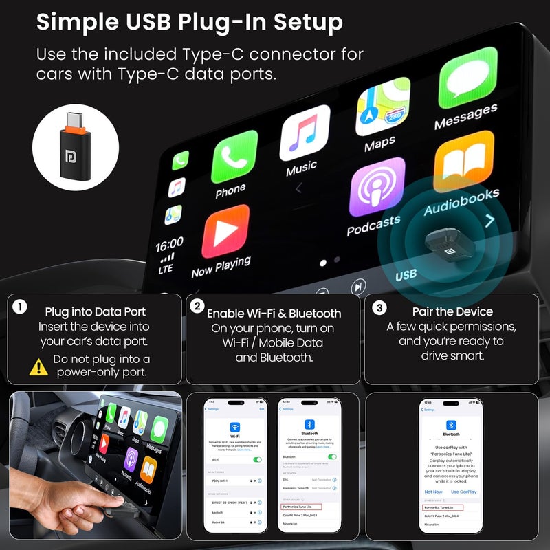 Portronics تune لايت، جهاز استقبال لاسلكي 2 في 1 CarPlay/Android Auto، يحول السلكي إلى لاسلكي، توصيل وتشغيل، فقط للسيارات المزودة بنظام Android Auto/CarPlay السلكي المثبت من المصنع، Android 12+ و iOS 15+ - Image 3