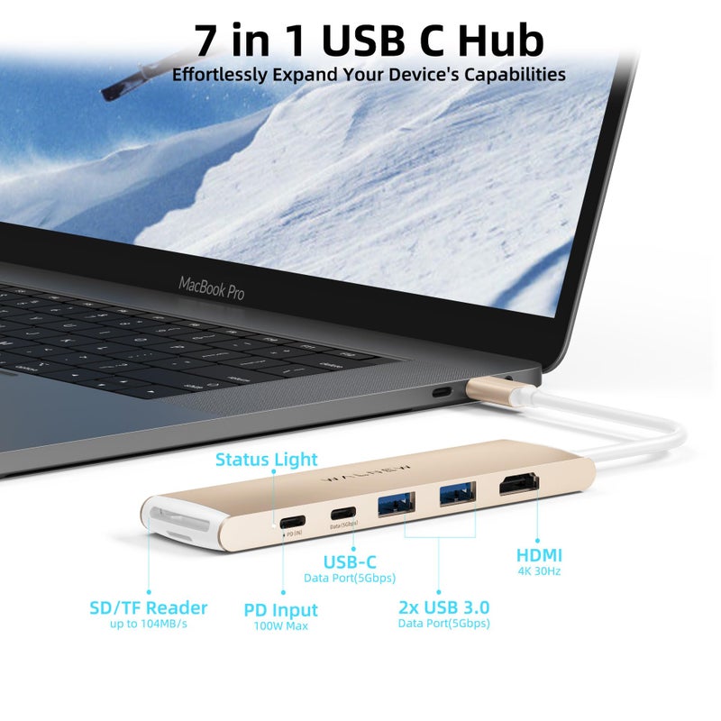 WALNEW 7 in 1 USB-C Hub with 4K HDMI,100W PD,5Gbps Data Port(1 Type-C & 2 USB 3.0),SD/TF Reader, Thunderbolt 4 Dock Multiport Adapter for MacBook Pro Air,Mac,iPad 10/Mini 6,Surface (Starlight) - Image 2