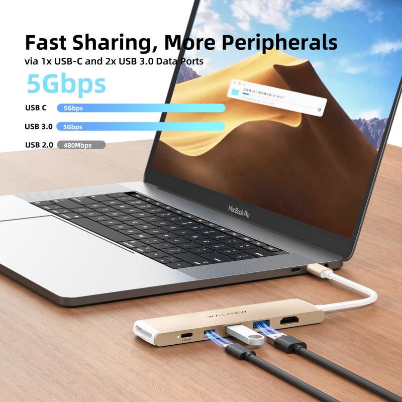 WALNEW 7 in 1 USB-C Hub with 4K HDMI,100W PD,5Gbps Data Port(1 Type-C & 2 USB 3.0),SD/TF Reader, Thunderbolt 4 Dock Multiport Adapter for MacBook Pro Air,Mac,iPad 10/Mini 6,Surface (Starlight) - Image 3