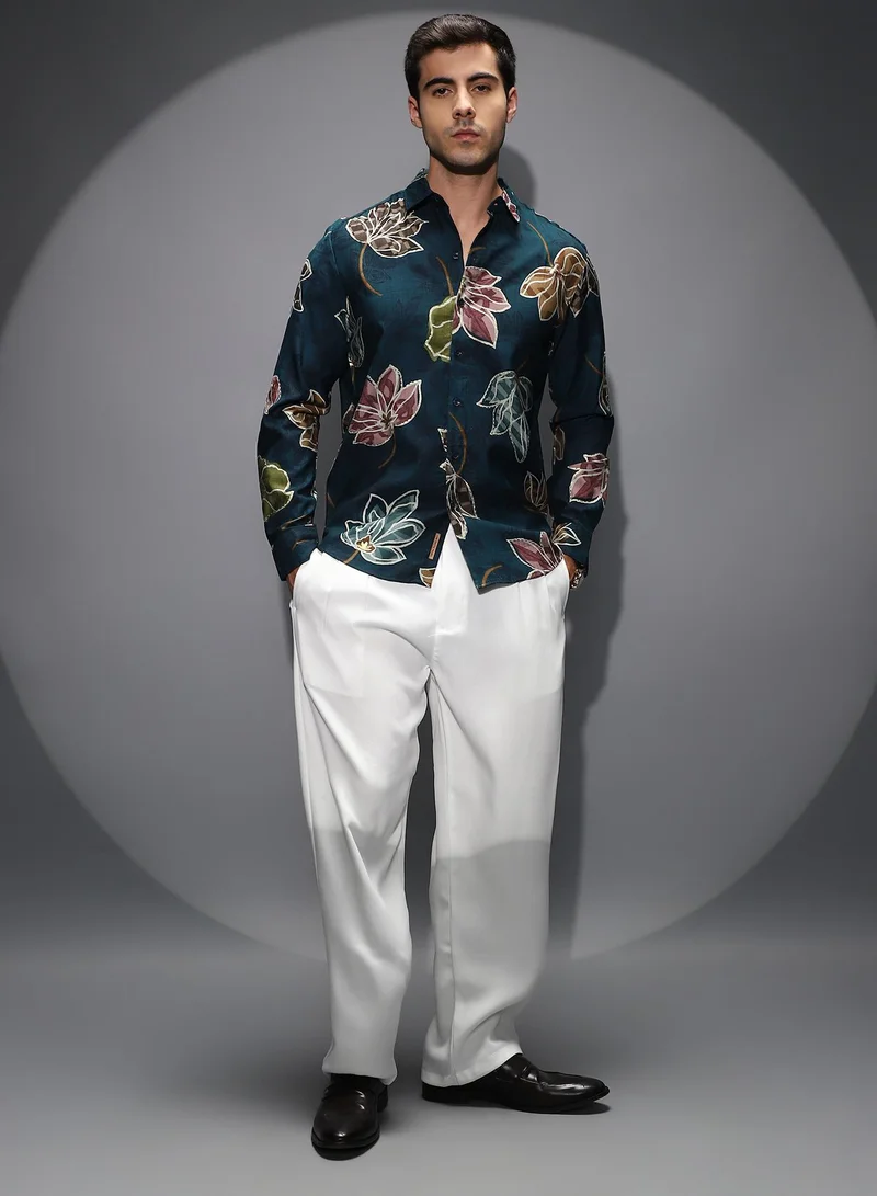 Campus Sutra Campus Sutra Men's Teal Green Floret Imprint Shirt For Casual Wear | Spread Collar | Long Cuffed Sleeves | Button Closure | Shirt Shirt Crafted With Comfort Fit For Everyday Wear