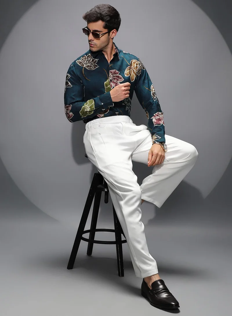Campus Sutra Campus Sutra Men's Teal Green Floret Imprint Shirt For Casual Wear | Spread Collar | Long Cuffed Sleeves | Button Closure | Shirt Shirt Crafted With Comfort Fit For Everyday Wear