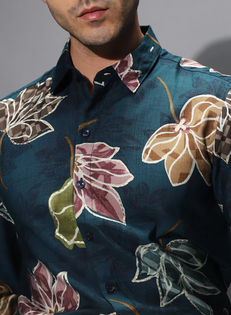 Campus Sutra Campus Sutra Men's Teal Green Floret Imprint Shirt For Casual Wear | Spread Collar | Long Cuffed Sleeves | Button Closure | Shirt Shirt Crafted With Comfort Fit For Everyday Wear