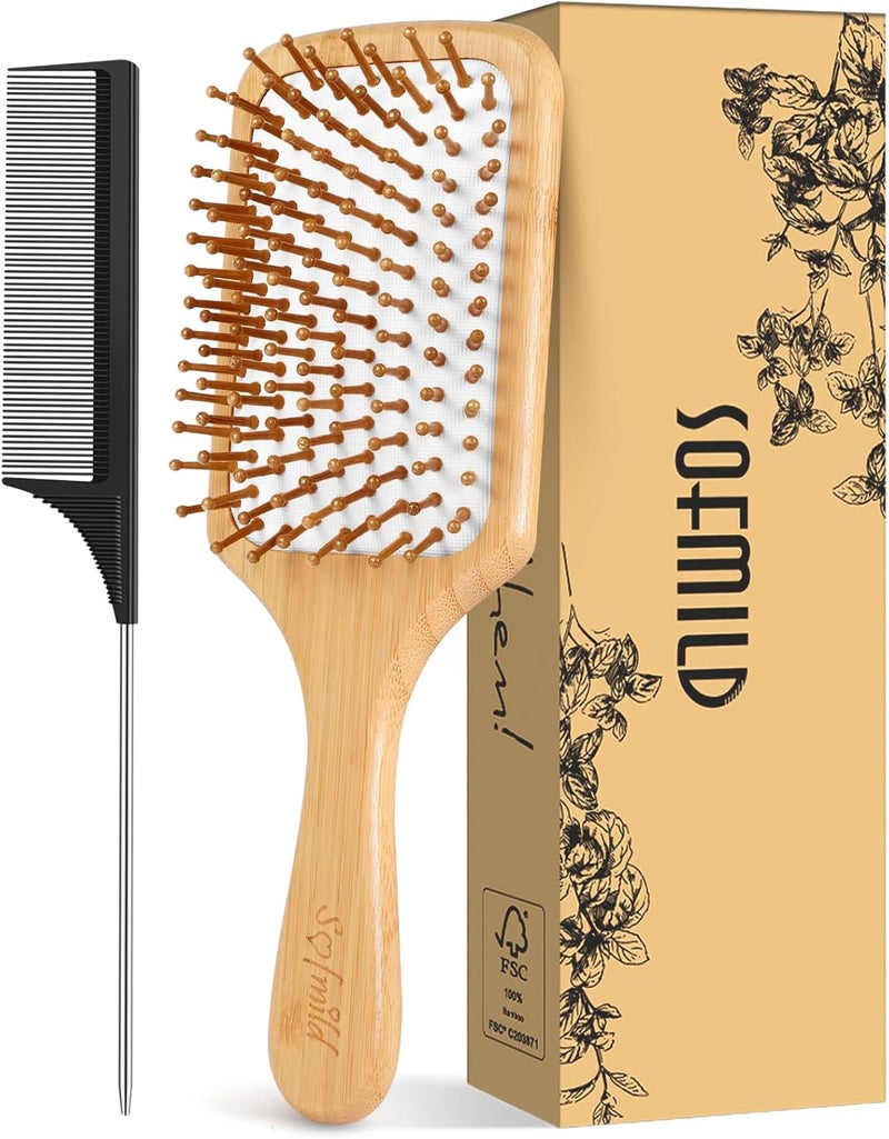 Sofmild Hair Brush-Natural Wooden Bamboo Brush and Detangle Tail Comb, Paddle Hairbrush for Women Men and Kids Make Thin Long Curly Hair Health and Massage Scalp - Image 1