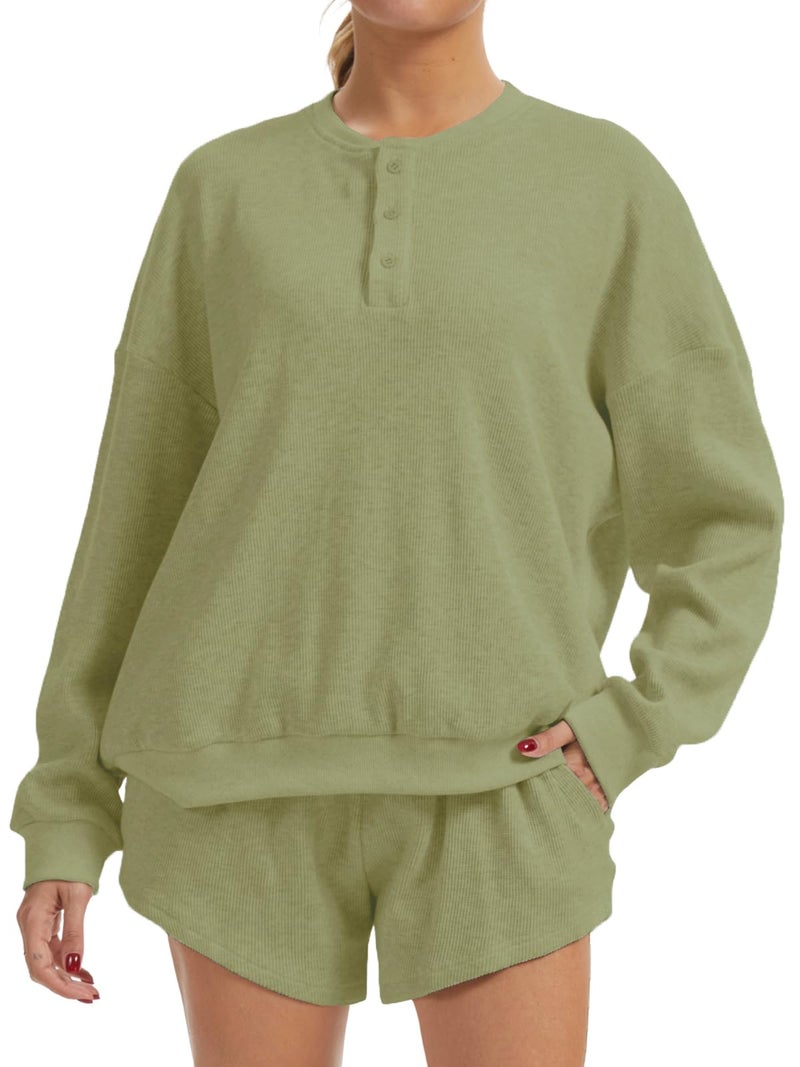AnotherChill Women's Oversized Waffle Knit Lounge Set Long Sleeve Sweatshirt and High Waisted Shorts 2 Piece Casual Outfit (Green, Medium) - Image 1